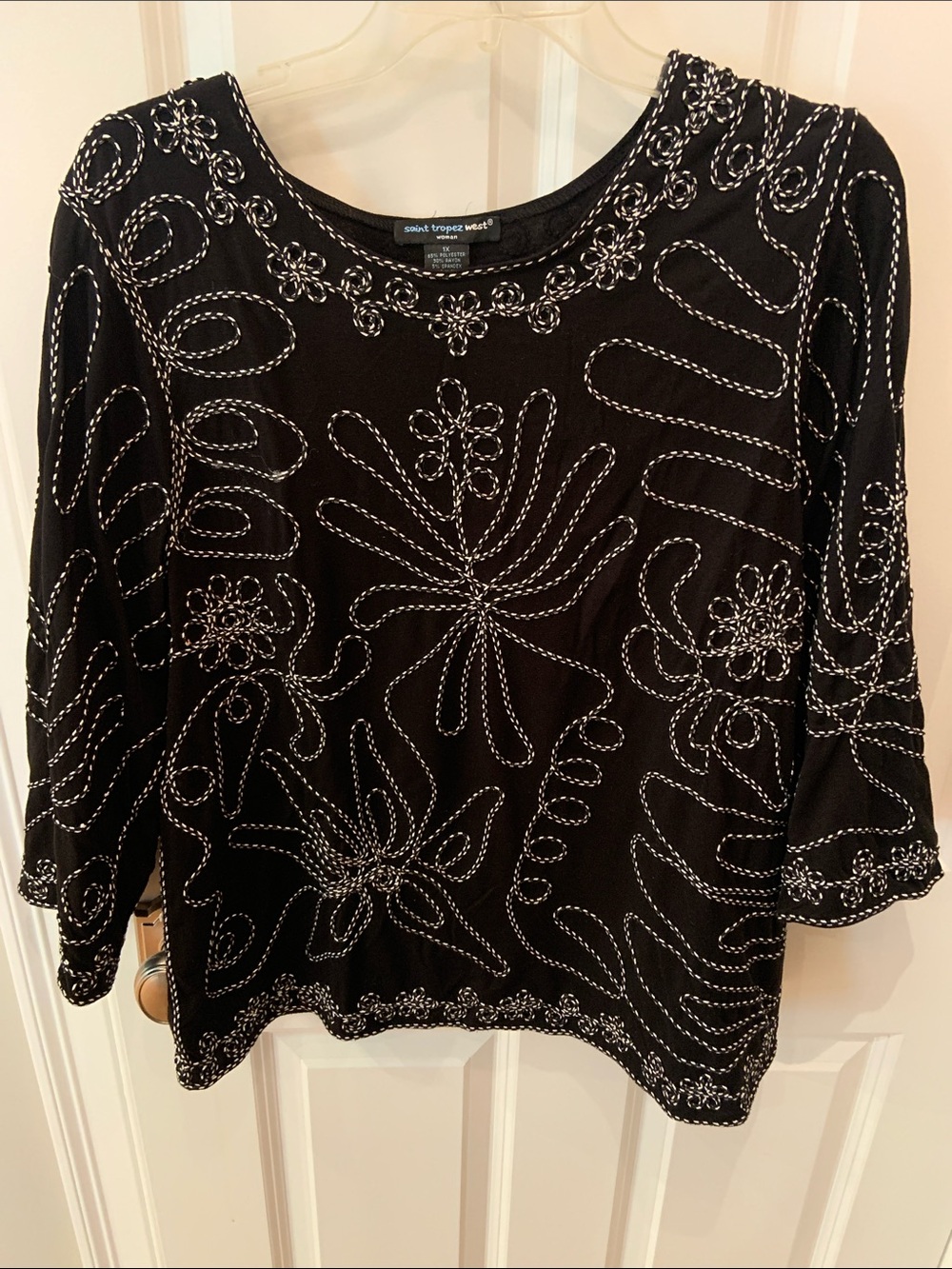 Saint Tropez West Black Scoop Neck Top with White Embroidery